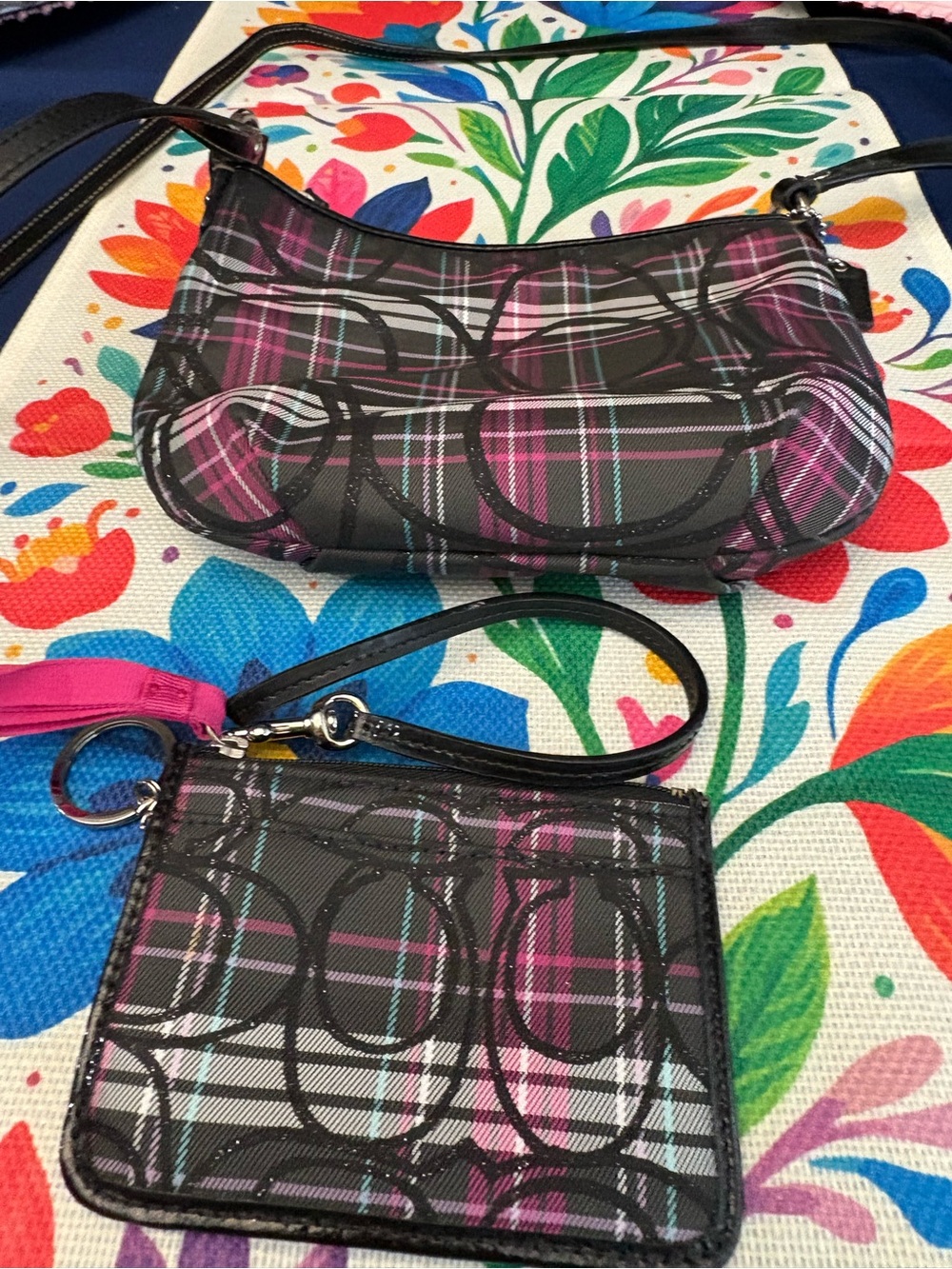 Coach Pink & Black Plaid Tartan Crossbody with Matching Mini card holder